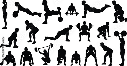 Full body functional training silhouette set with dumbbell, barbell and bodyweight exercises isolated on white background illustration