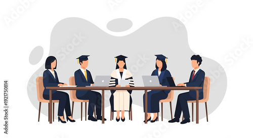 Diverse group of graduates sitting at a table with laptops.