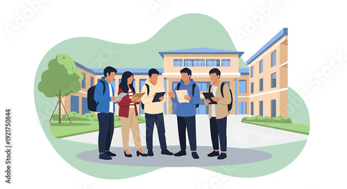 Diverse group of students gathered outside university building.