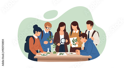 Diverse group of students learning about plants in a classroom setting.