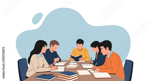 Diverse group of students studying together around a table.