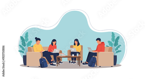 Diverse group of young people studying together in a modern cafe setting.