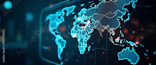 Cinematic world map animation with glowing data points, featuring a slow pan across continents; digital grid lines and ambient light flicker add dynamic energy and modern technology aesthetics.
