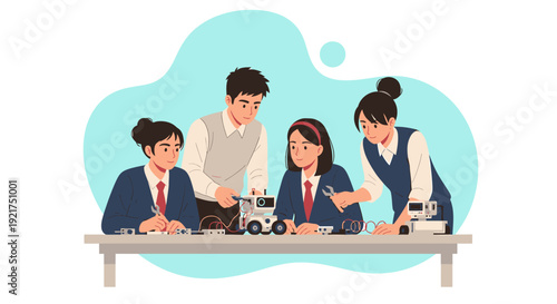 Students and teacher collaborate on science project in classroom setting.