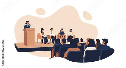 Panel discussion with speaker at podium and audience watching.