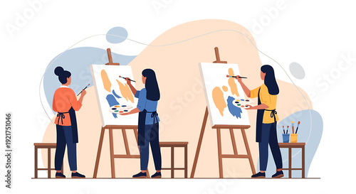 Three artists painting on easels in a studio class.