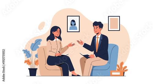 Two people talking in a therapy session discussing mental health.