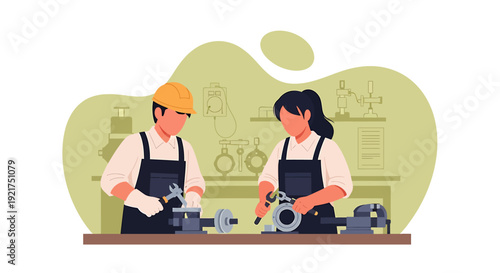 Two people working together in a workshop setting.
