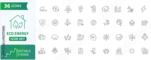 Collection of eco energy line icons illustrating renewable power and environmental protection