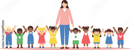 Teacher with Diverse Group of Happy Children Holding Hands Education and Inclusion Concept Vector Illustration