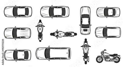 Top View Collection of Cars and Motorcycles.
