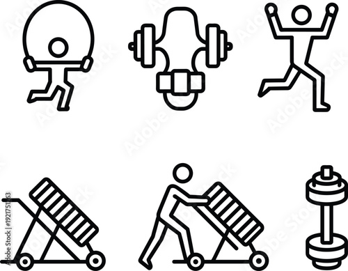 Gym and weightlifting icon set featuring barbell exercises, strength training equipment and fitness symbols isolated on white background