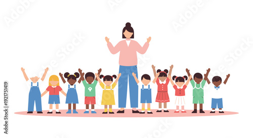 Kindergarten Teacher with Diverse Children Celebrating Together Education Diversity and Childhood Development Vector Illustration