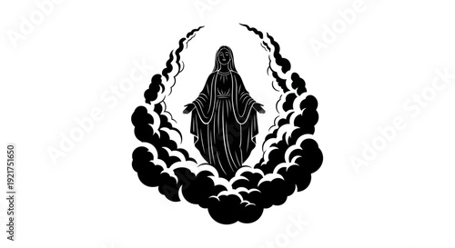 Virgin Mary silhouette ascending through clouds, divine ascension, religious symbol