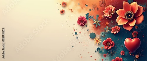 Vibrant floral heart design with gentle ambient motion, colorful petals softly swaying; camera slowly pans across elegant, abstract backdrop, highlighting intricate details; cinematic style.