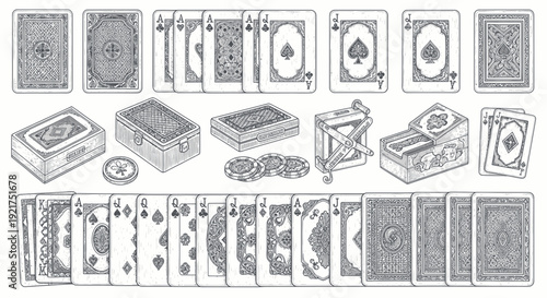 Vintage Playing Cards and Game Accessories Drawing Collection