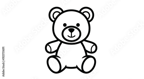 Cute Teddy Bear Drawing, Simple Black Outline, Isolated on White Background, Vector Art