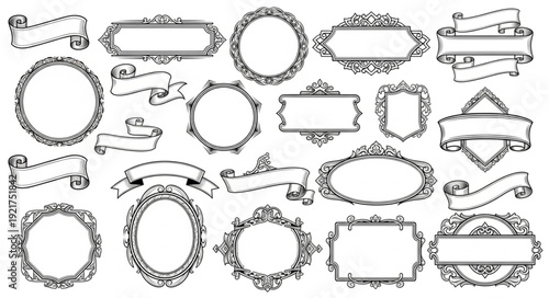 Collection of ornate decorative frames and banners vintage style.