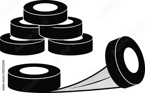 Adhesive tape rolls set in black silhouette, sticky duct or masking tape collection, vector illustration isolated on white background for packaging design