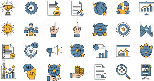 Digital Marketing and Online Advertising Icon Set Featuring SEO, PPC, Analytics, Targeting, Campaign Strategy, and Business Growth Symbols for Web Design