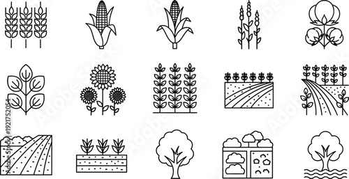 Agriculture and farming line icons set with crops plants fields and trees vector illustration for organic farming harvest and rural landscape design