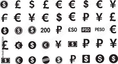 Collection of various international currency symbols and logos on a white background