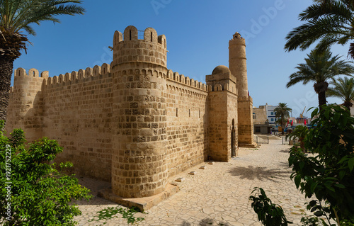 Side view of medieval medina in Sousse and Great Mosque, Tunisia, Africa