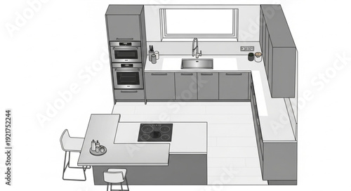 Modern Kitchen Layout Top View.