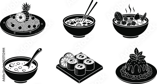 Asian cuisine food set vector with sushi ramen soup dessert dishes black silhouette illustration collection for restaurant menu design and culinary concept