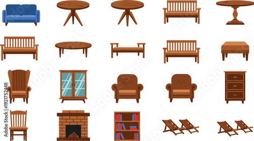 Comprehensive Collection of Wooden Furniture Featuring Blue Sofa Round Tables Benches Armchairs Bookshelves Fireplace and Outdoor Deck Chairs for Interior Design