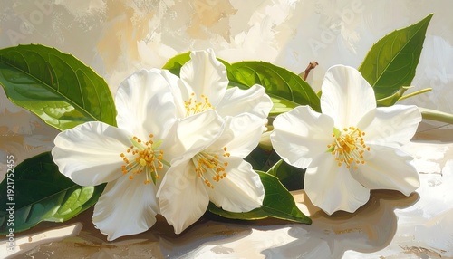 Close-up of pristine white blossoms with golden centers and lush green leaves, gently arranged on a reflective surface