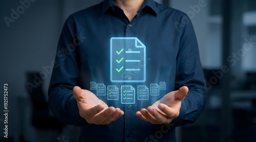 Wallpaper Mural A professional presenting a futuristic holographic overlay of digital documents with green checkmarks, representing electronic document management systems (DMS), task completion, compliance, and paper Torontodigital.ca