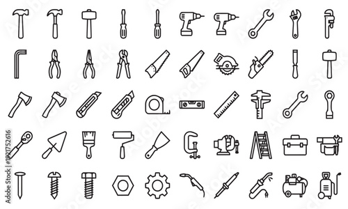 Hand Tools and Construction Equipment Vector Icon Set Featuring Hammer, Wrench, Screwdriver, Saw, Drill, Pliers, Measuring Tools and Workshop Line Icons Collection.