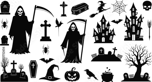 Comprehensive collection of Halloween silhouettes featuring grim reapers haunted houses spooky graveyards witches bats and pumpkins for horror holiday party design