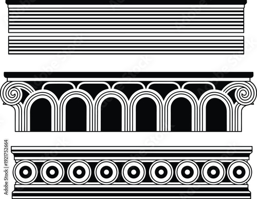 Classical column capital vector set with Ionic Doric Corinthian architectural elements antique ornament design collection for historic building decoration and vintage structure illustration