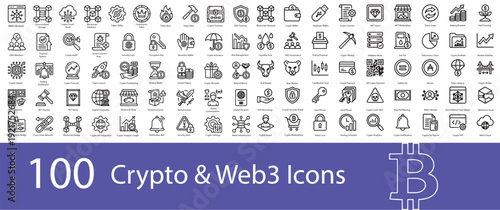 100 Crypto and Web3 Line Icons Set Featuring Blockchain, NFT, DeFi, Wallet, Mining, DAO, Smart Contract, Metaverse and Digital Finance Vector Outline Collection.