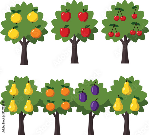 Colorful fruit trees collection illustration, apple orange lemon pear cherry and plum cartoon vector set, isolated orchard clipart for agriculture design and educational materials