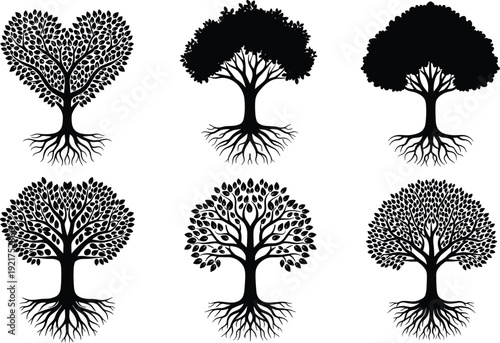 Collection of decorative tree silhouettes with roots and leaves including heart shaped canopy botanical vector set for nature design logo branding illustration