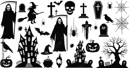 Comprehensive collection of spooky Halloween silhouettes featuring grim reapers haunted houses witches pumpkins spiders and graveyard elements for seasonal holiday party decorations