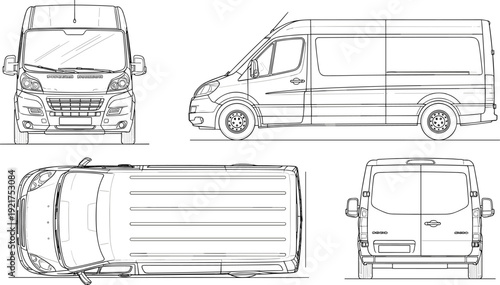 Fotografie Cargo Delivery Van Blueprint with Front Side Top and Rear Views Technical Outlin