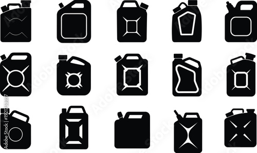 Collection of black and white of various fuel containers and jerry cans with different shapes and 1