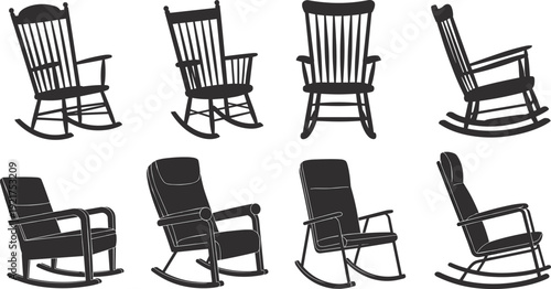Eight black and white rocking chairs with different and styles wooden cushioned 2