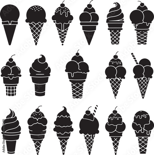 Set of sweet ice cream cones and desserts in various styles for summer treats