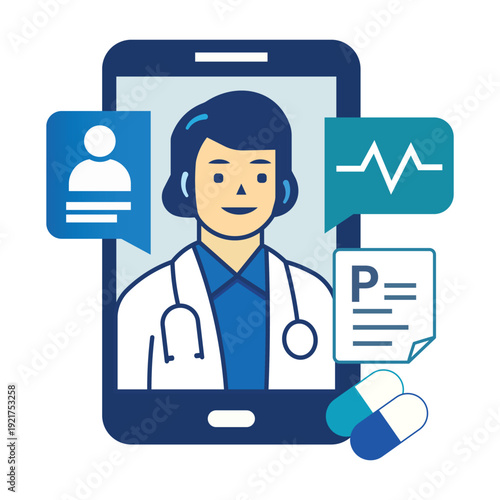 Telemedicine concept with female doctor on smartphone screen for online medical consultation flat vector illustration
