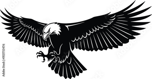 Eagle silhouette with spread wings attacking pose isolated on white background, powerful bird of prey emblem vector illustration for logo design