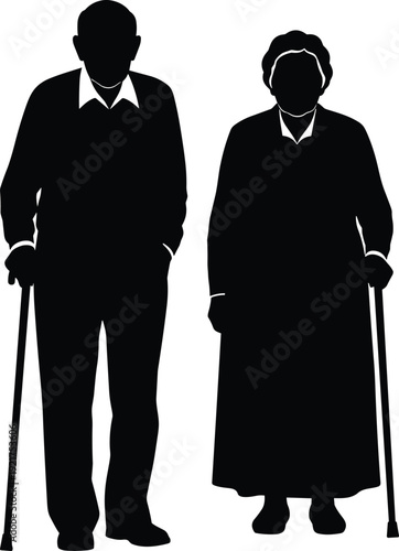 Elderly couple silhouette standing with walking sticks, senior man and woman black vector illustration isolated on white background, retirement concept graphic