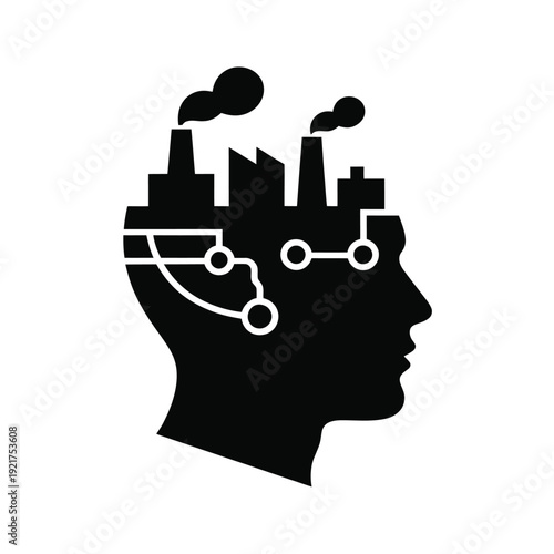 Industrial thought a human head silhouette filled with factory imagery