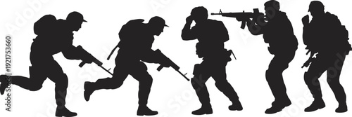 Five black silhouette soldiers in action poses with rifles and backpacks running