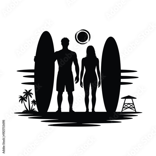 Silhouetted couple carrying surfboards at sunset with tropical vegetation