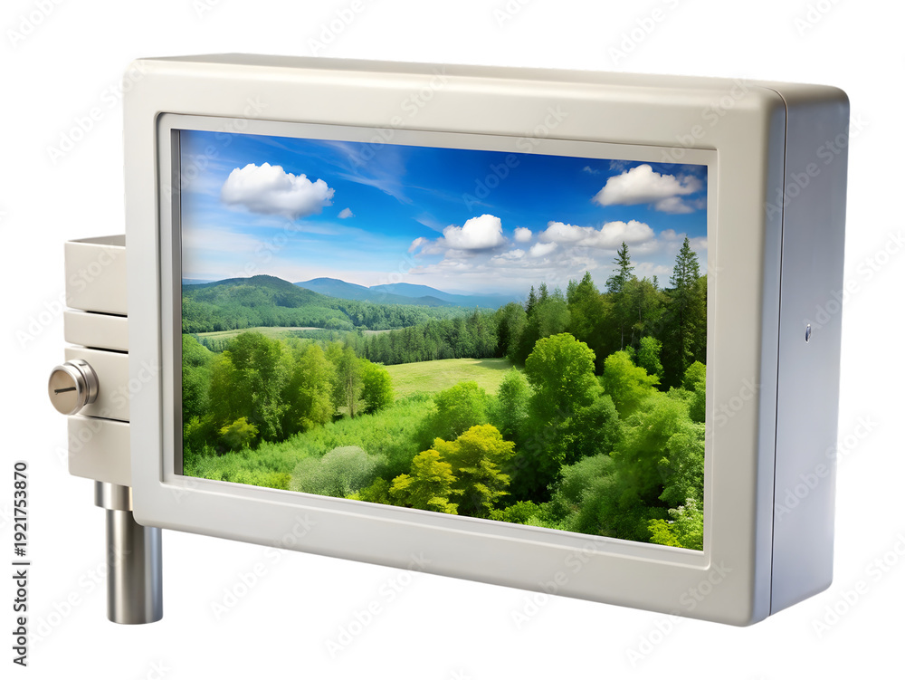 Fototapeta premium Environmental monitor displaying serene landscape isolated on transparent background